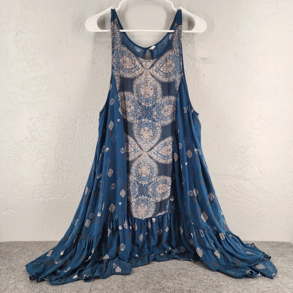 Intimately Free People Blue Printed Sleeveless Trapeze Mini Dress Boho Large